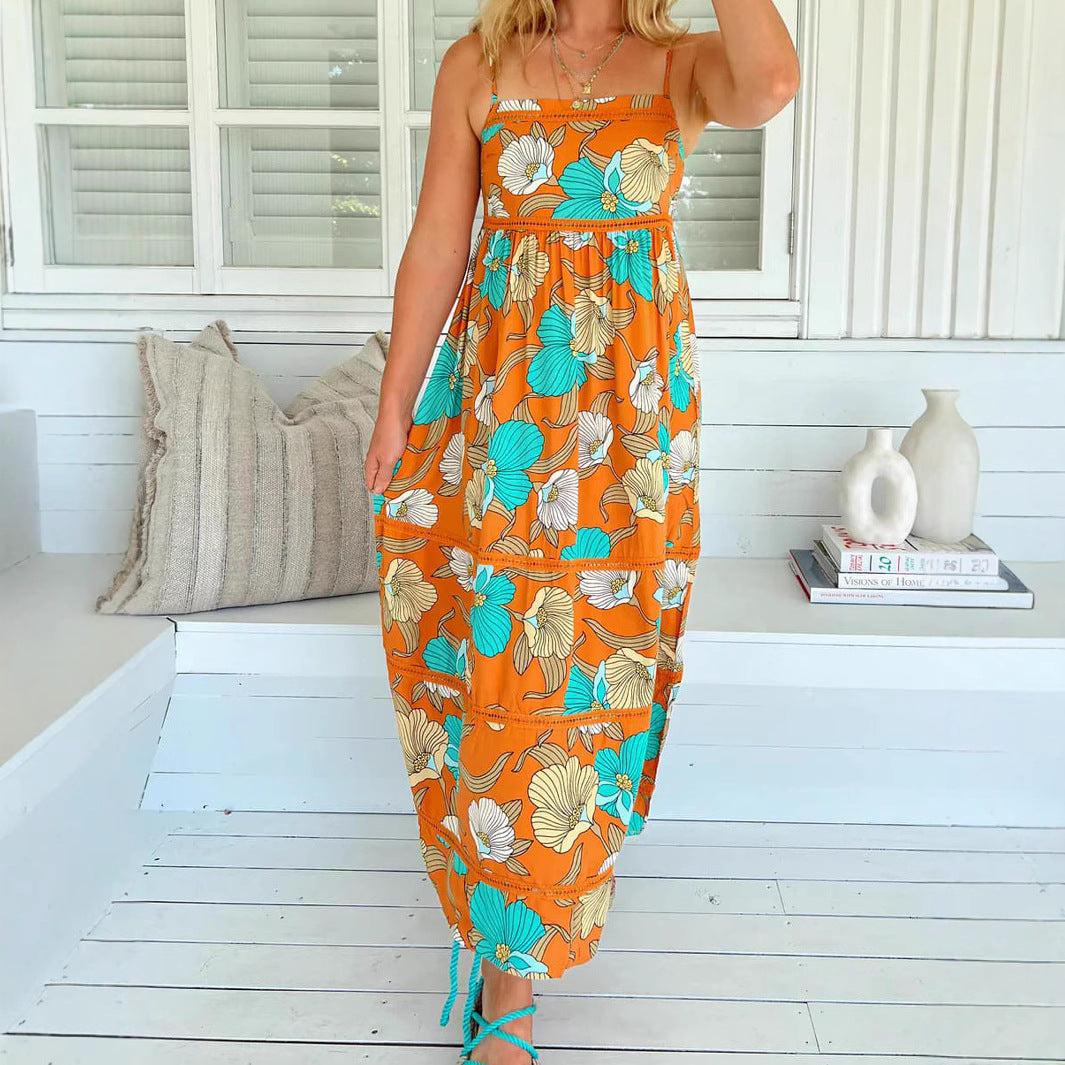 Bohemian Strap Leaf Print Maxi Dress - Orange