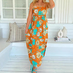 Bohemian Strap Leaf Print Maxi Dress - Orange