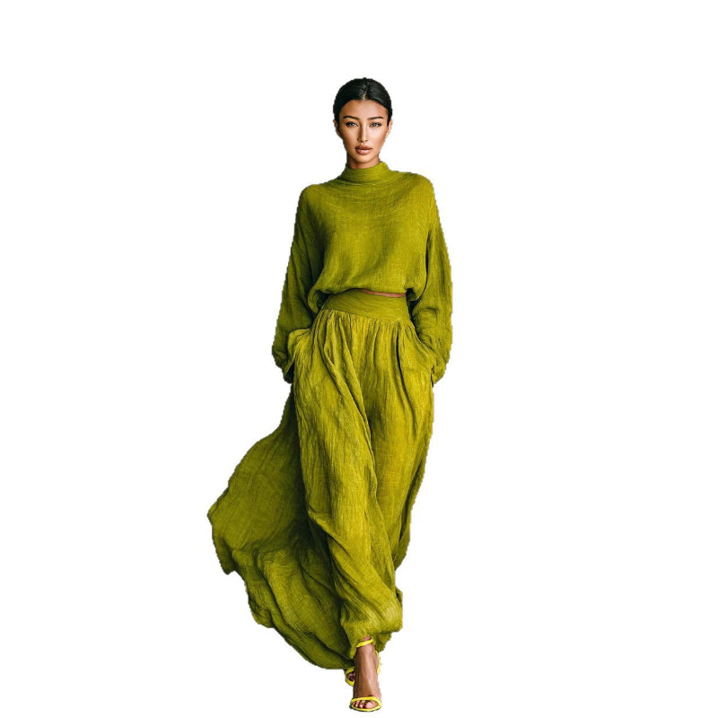 The Ultimate Set: Long Sleeve High Neck Top & Pleated Pocket Dress! - green