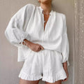 Loose V-neck lantern sleeve top & shorts