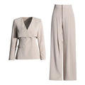 V-neck waist slimming suit+high waisted pleated wide leg pants set