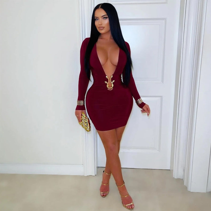 Deep V-Neck Bodycon Mini Dress: The Essential Silhouette - burgundy