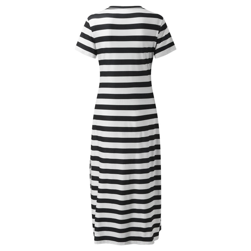 A collection of V-neck casual loose midi dresses with striped patterns and side slits, available in various colors.