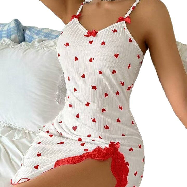 Romantic Heart Slit Lace Trim Strap Mini Dress - Red