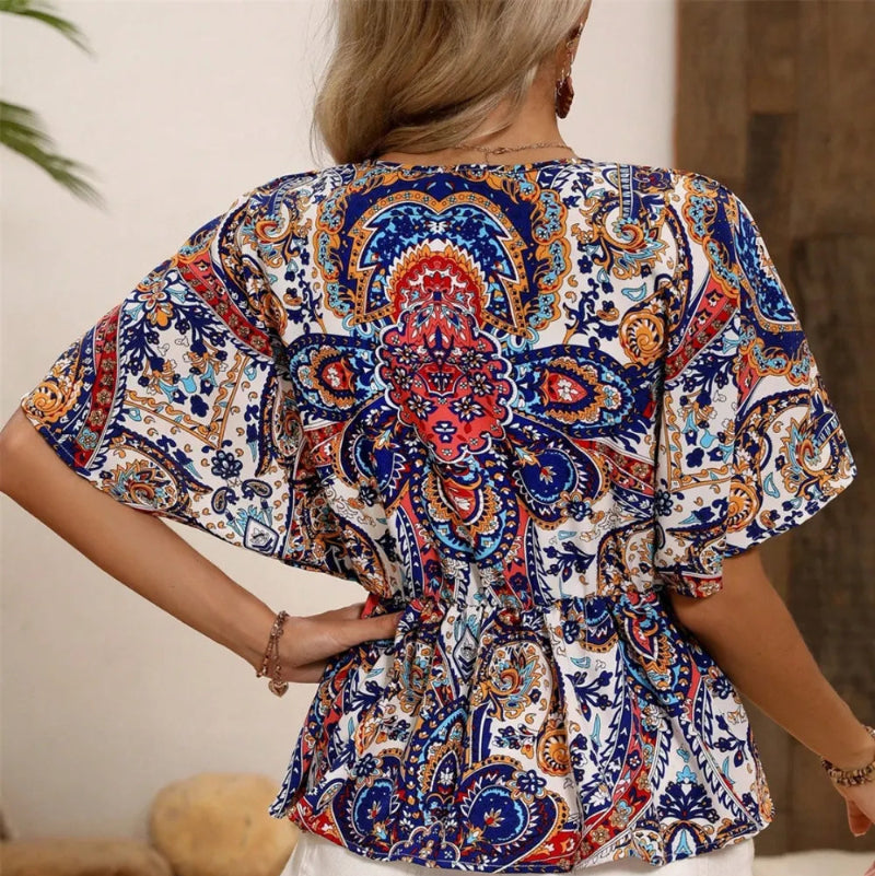 Printed Surplice Half Sleeve Blouse - runwayfashionista.com