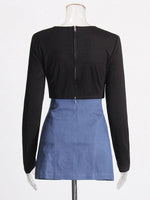 Patchwork bow top and short A-line skirt fashion set