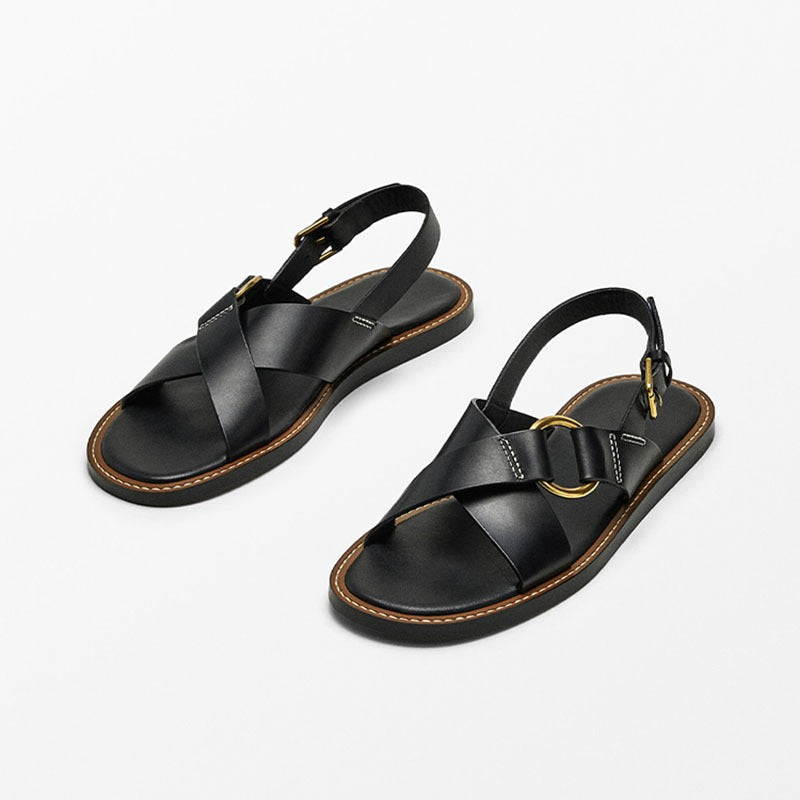 Leather cross strap flat slippers