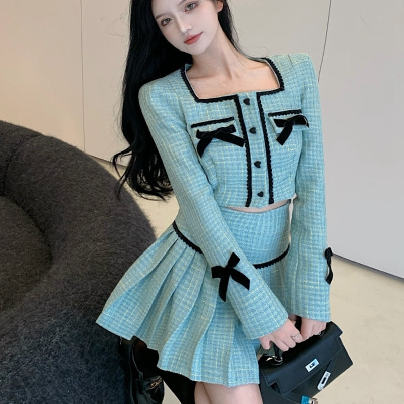 Short Jacket Coat Crop Top + Skirts Sets - runwayfashionista.com