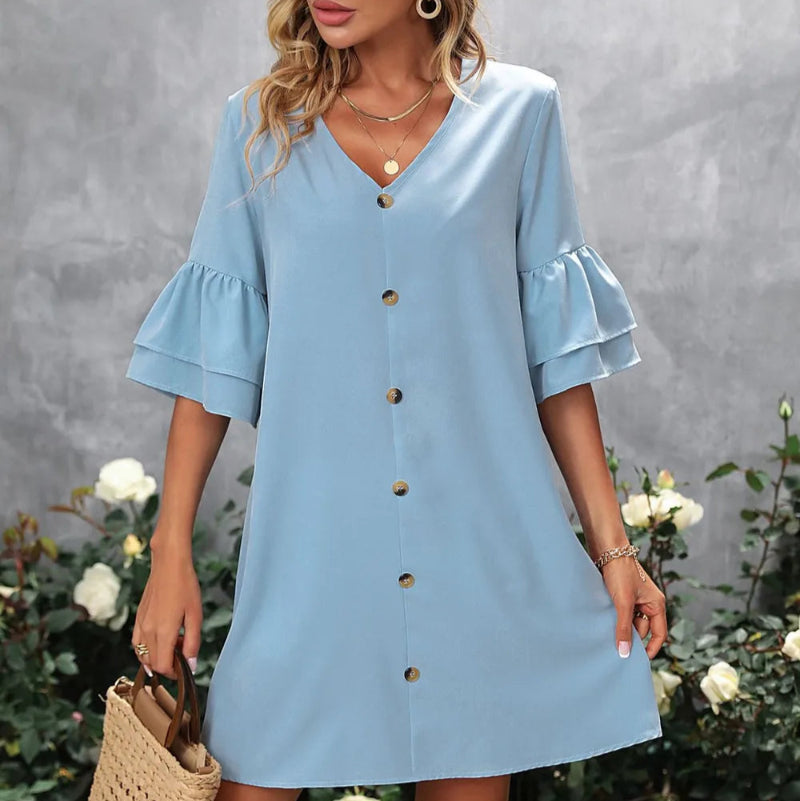 V-Neck Half Sleeve Mini Dress - runwayfashionista.com