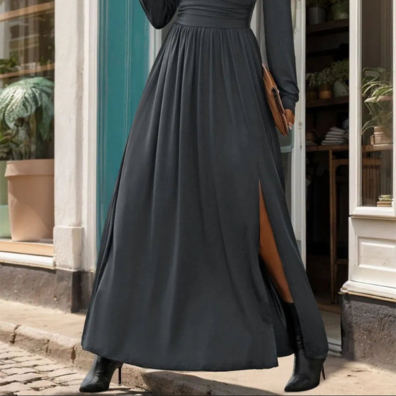 Lace Detail Slit V-Neck Long Sleeve Dress - runwayfashionista.com