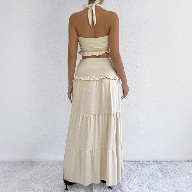Off-the-Shoulder Low-Waist Hemline Fitted Long Skirt Two-Piece Skirt Set
