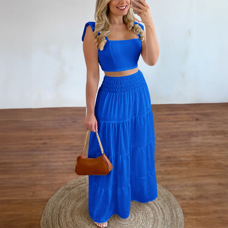 Casual Style Short Sleeve A-line Skirt Cake Skirt Set