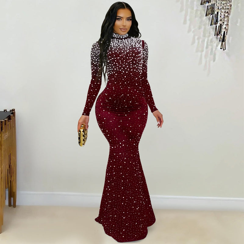 Elegant High Neck Rhinestone Beaded Bodycon Maxi Dress - Wine Red