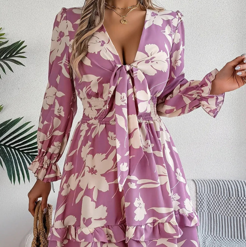 Tied Ruffled Printed Long Sleeve Dress - runwayfashionista.com