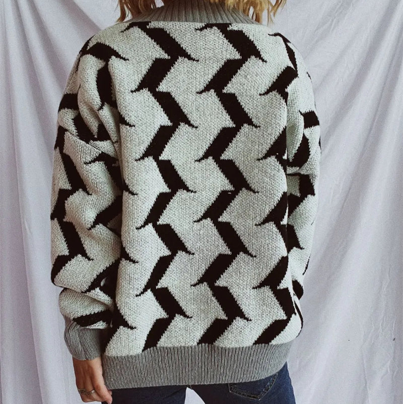 Contrast Trim Geometric V-Neck Long Sleeve Cardigan - runwayfashionista.com