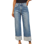 A pair of light blue, faded, straight leg high-waisted jeans for women.