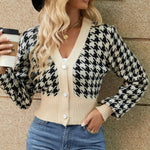 Houndstooth Button Up Long Sleeve Cardigan - runwayfashionista.com