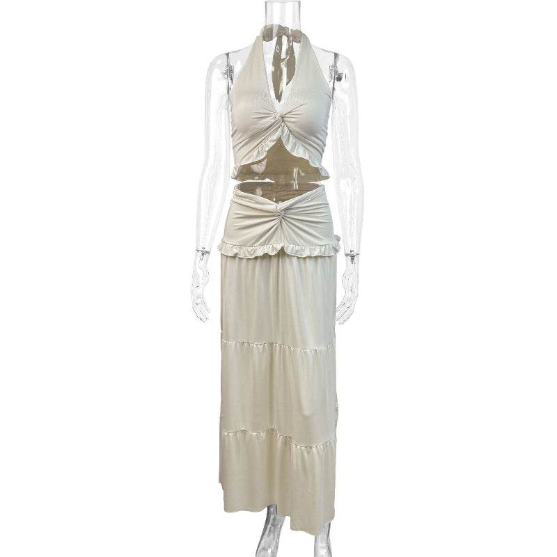 Off-the-Shoulder Low-Waist Hemline Fitted Long Skirt Two-Piece Skirt Set