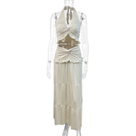 Off-the-Shoulder Low-Waist Hemline Fitted Long Skirt Two-Piece Skirt Set