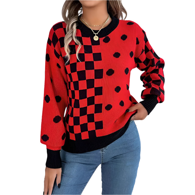 Casual Contrasting Polka Dot Lantern Sleeve Swetaer