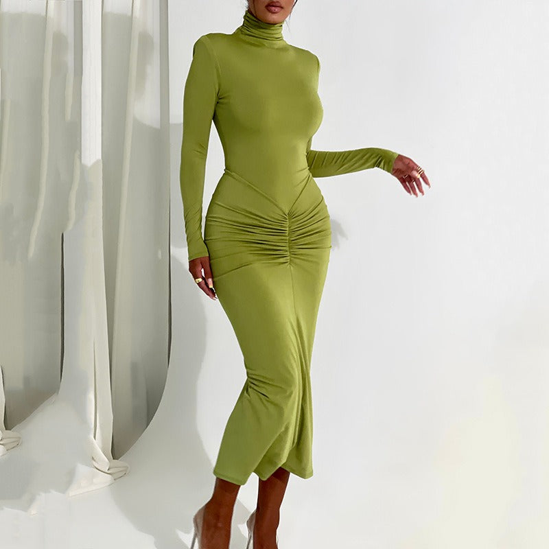 High Neck Long Sleeved Midi Dress