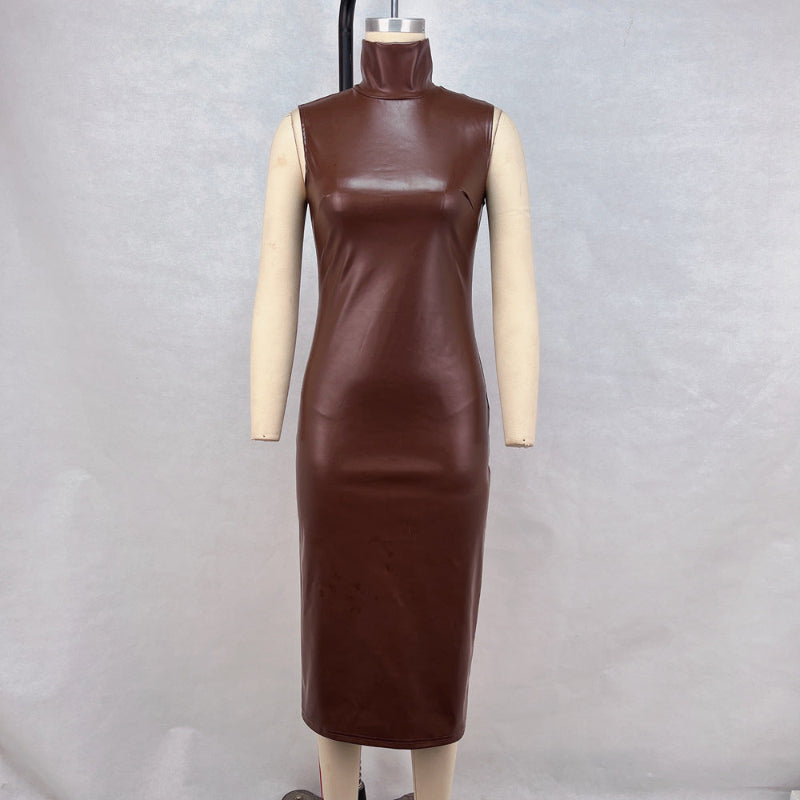 Edgy Sophistication: Sleeveless PU Leather Midi Dress