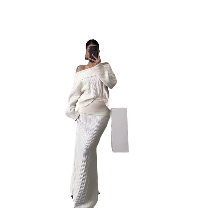 Elegant Off Shoulder Sweater Skirt Suit