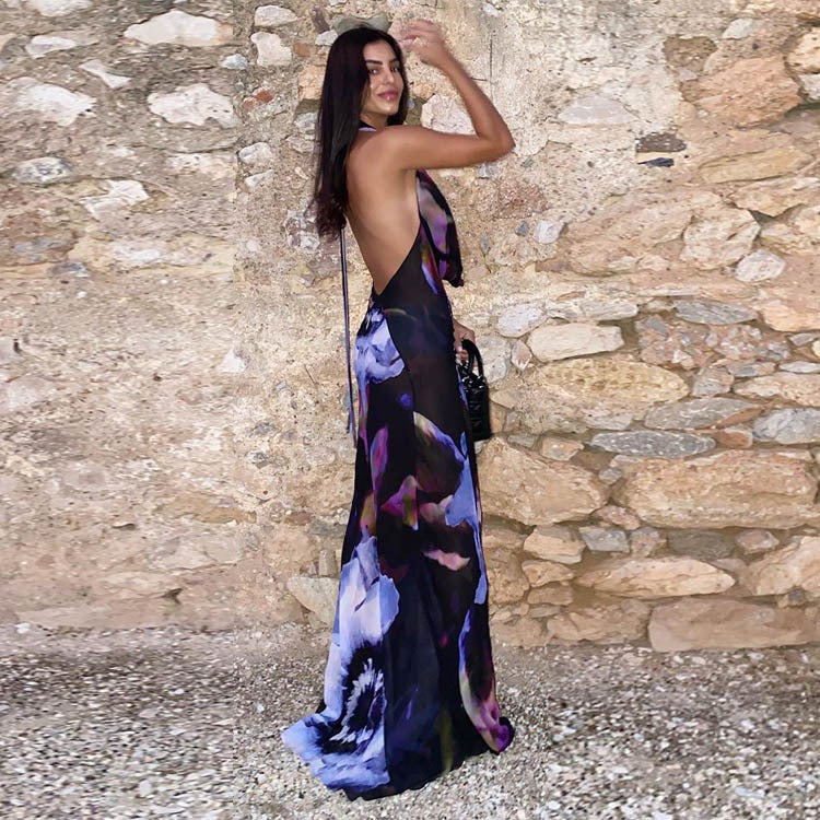 Backless Printed Hanging Neck Gowns - runwayfashionista.com