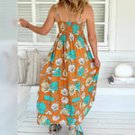 Bohemian Strap Leaf Print Maxi Dress - Orange