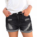 A pair of black, distressed denim shorts with a cuffed hem. The shorts have a loose fit and a mid-rise waist, showcasing a casual yet stylish look.