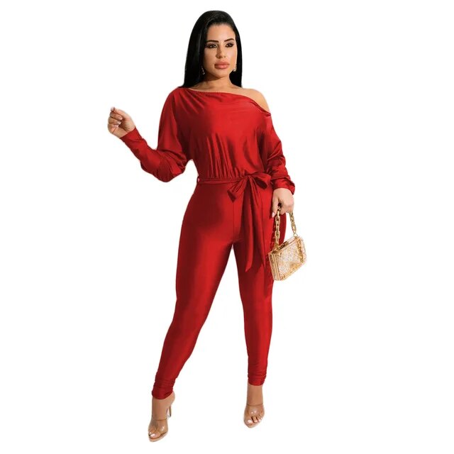 One Shoulder Lace Up Long Sleeved Jumpsuit - runwayfashionista.com