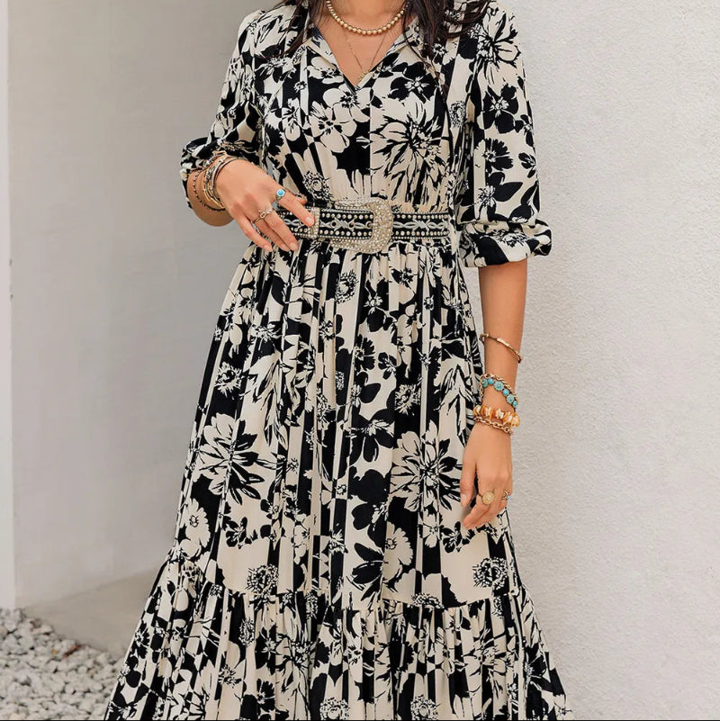 Smocked Printed Tie Neck Long Sleeve Dress -runwayfashionista.com