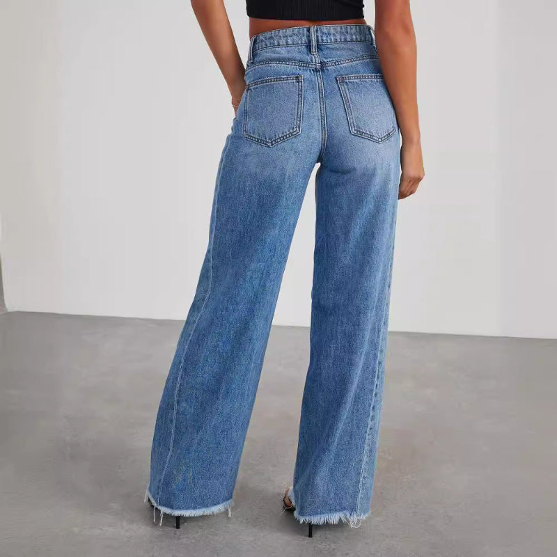Loose Wide Leg Side Seam Splicing, Brushed Hem Denim Jeans - Cowboy Blue (S, M, L, XL)