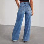 Loose Wide Leg Side Seam Splicing, Brushed Hem Denim Jeans - Cowboy Blue (S, M, L, XL)