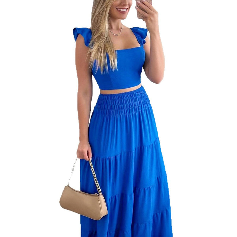 Casual Style Short Sleeve A-line Skirt Cake Skirt Set