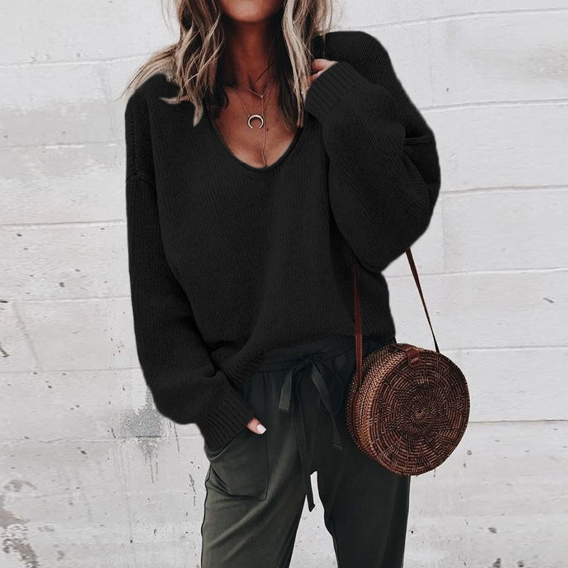 Sweater V-neck Long sleeved Loose Pullover - runwayfashionista.com