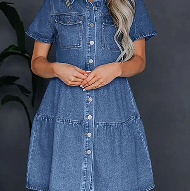 Short Sleeve Denim Dress - rynwayfashionista.com