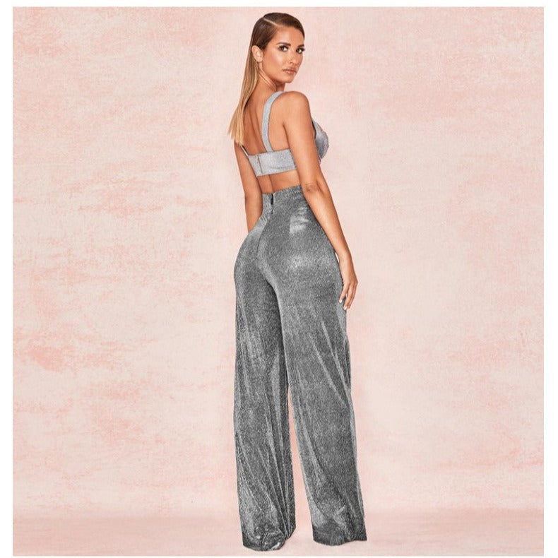 Silver-iron wide-leg pants high waist