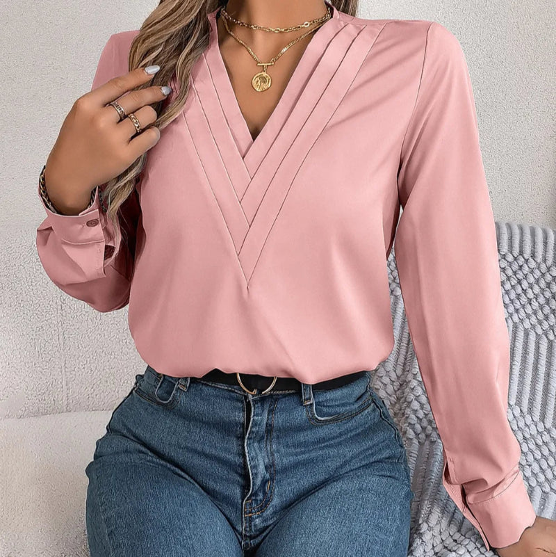 V-Neck Long Sleeve Blouse - runwayfashionista.com