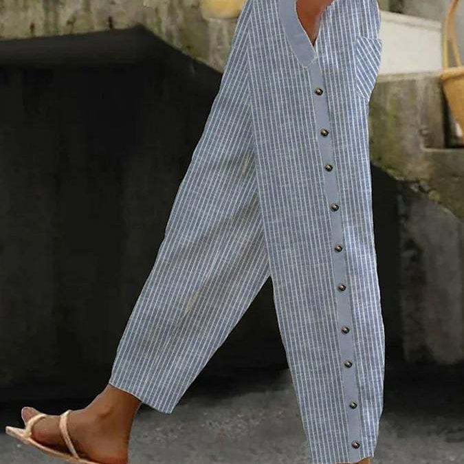 Stripe Buttoned Elastic Waist Nine-Part Pants - Blue