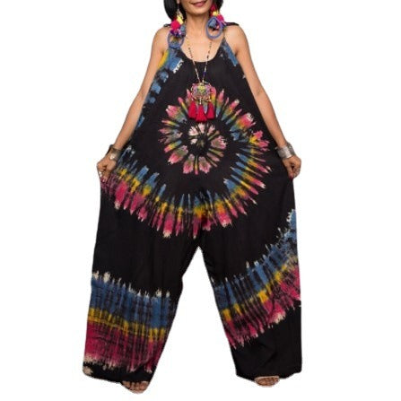 Long goddess print sleeveless loose jumpsuit