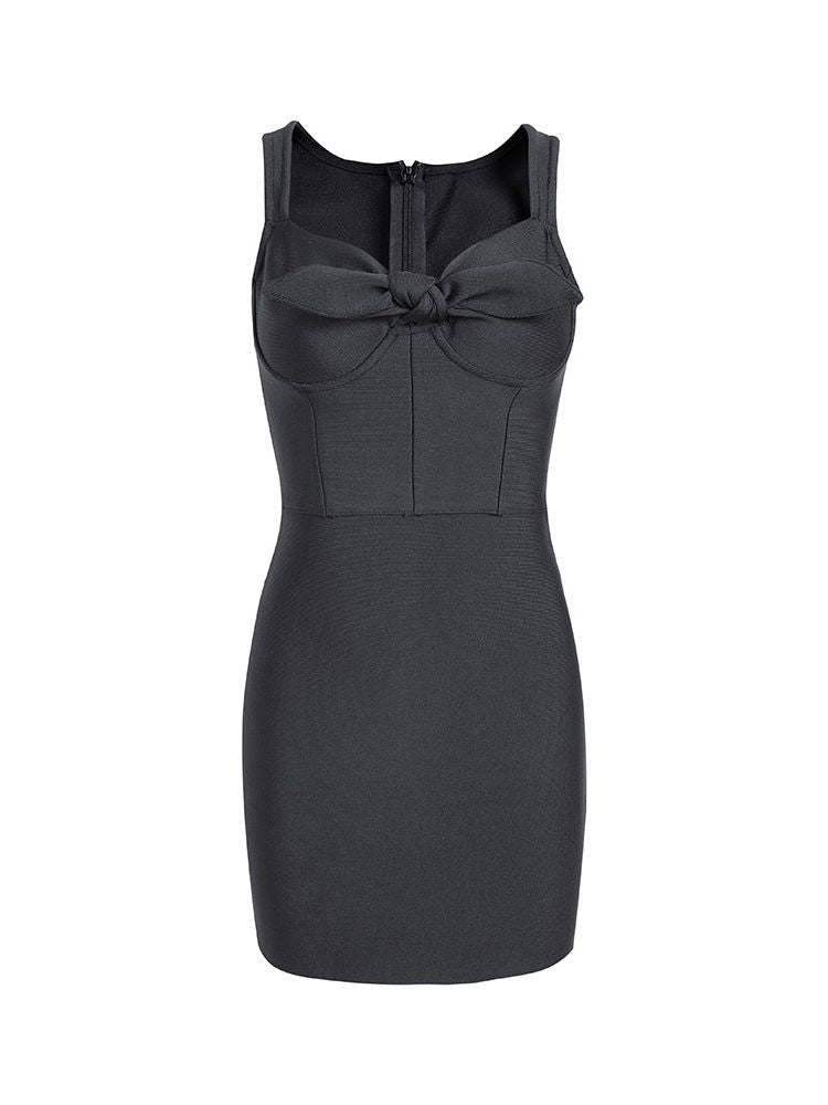 Sleeveless V Neck Bow Mini Dress - runwayfashionista.com