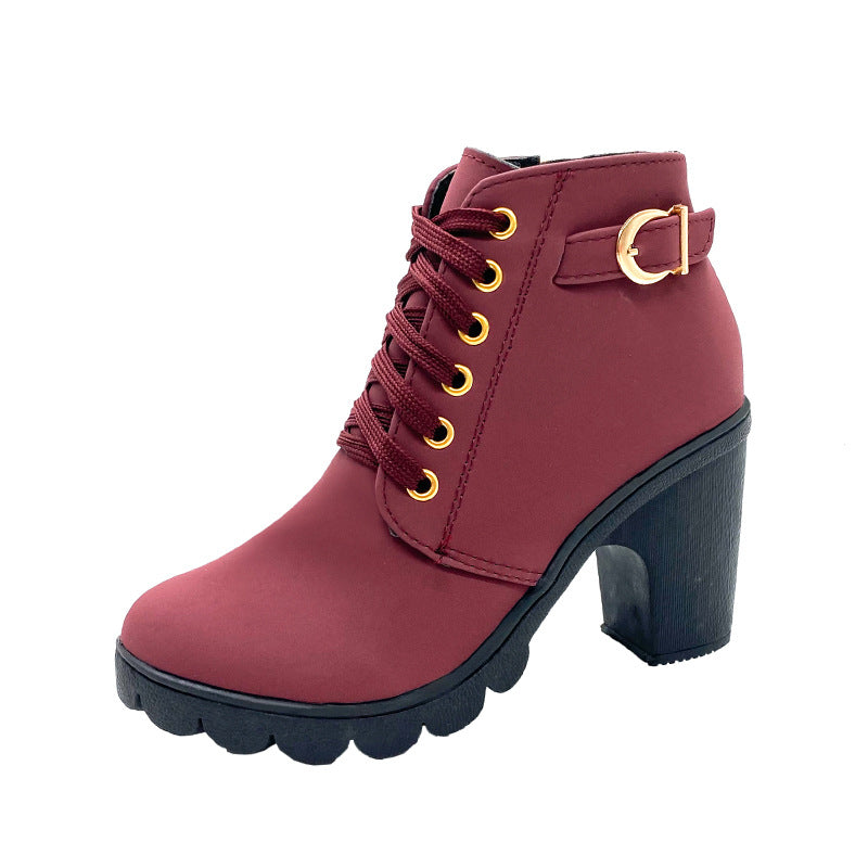 Thick Heels Round Toe Martin Boots - burgundy