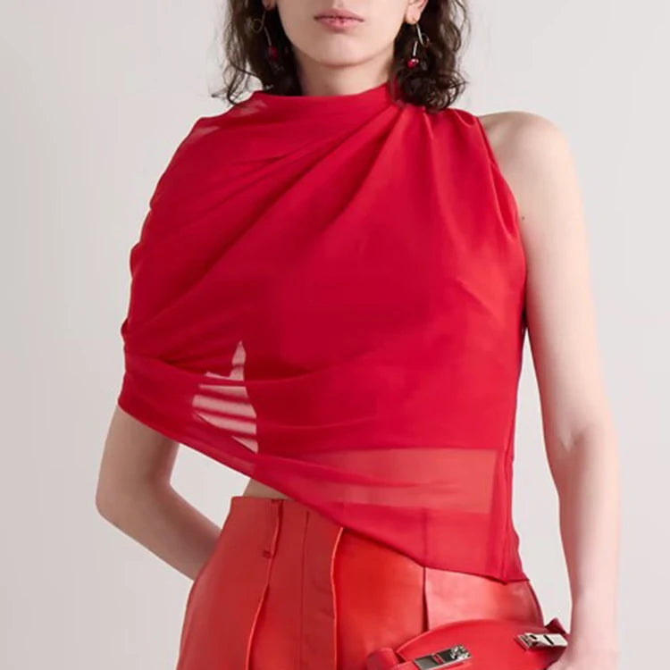 Turtleneck Sleeveless Backless Minimalist Blouse - red