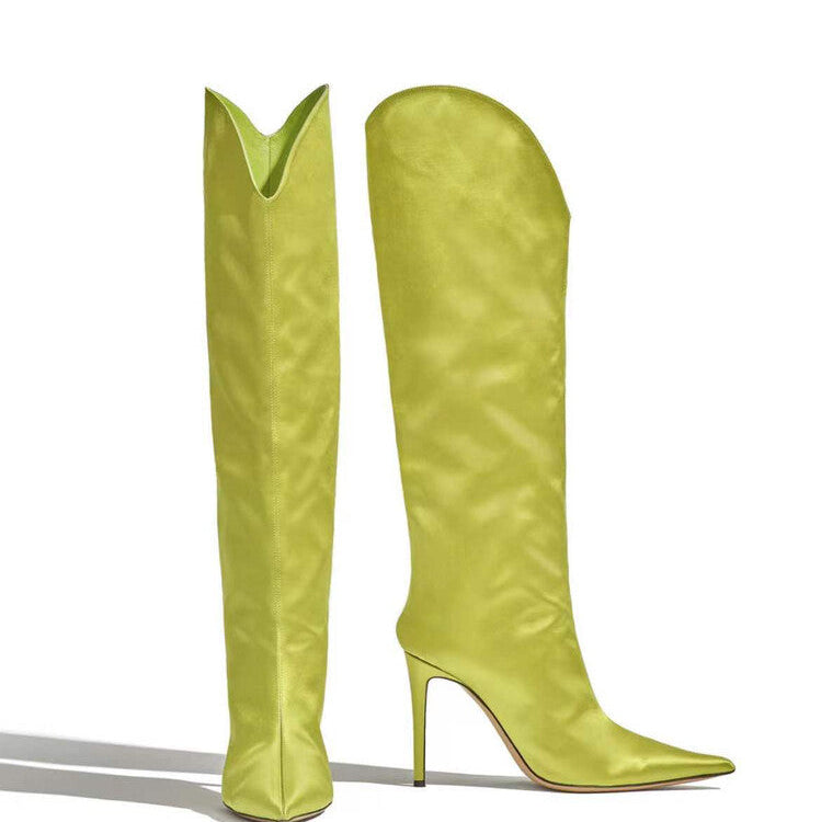 Pointed Toe Silk Satin Knee Thigh Boots