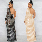 Rhinestone Single Long Sleeve Irregular Slit Maxi Dress