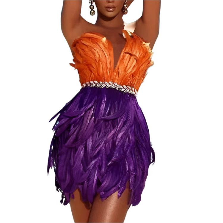 Stylish High Waist Feather Crystal Design Mini Dress