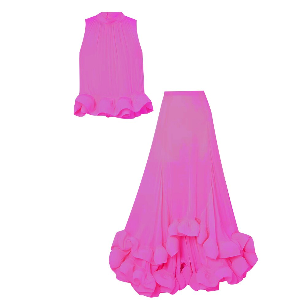 Stand Collar Sleeveless Tops High Waist Irregular Ruffles Skirts - runwayfashionista.com