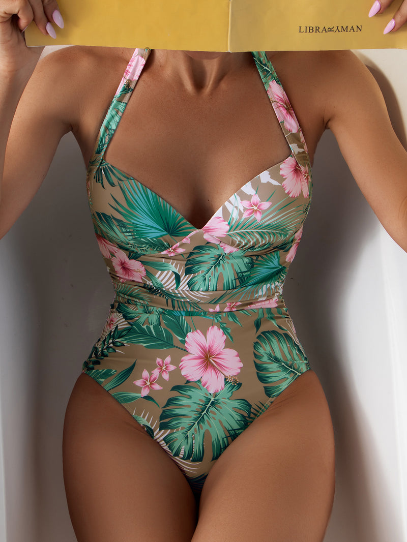 Conservative One Piece Hanging Neck Swimsuit