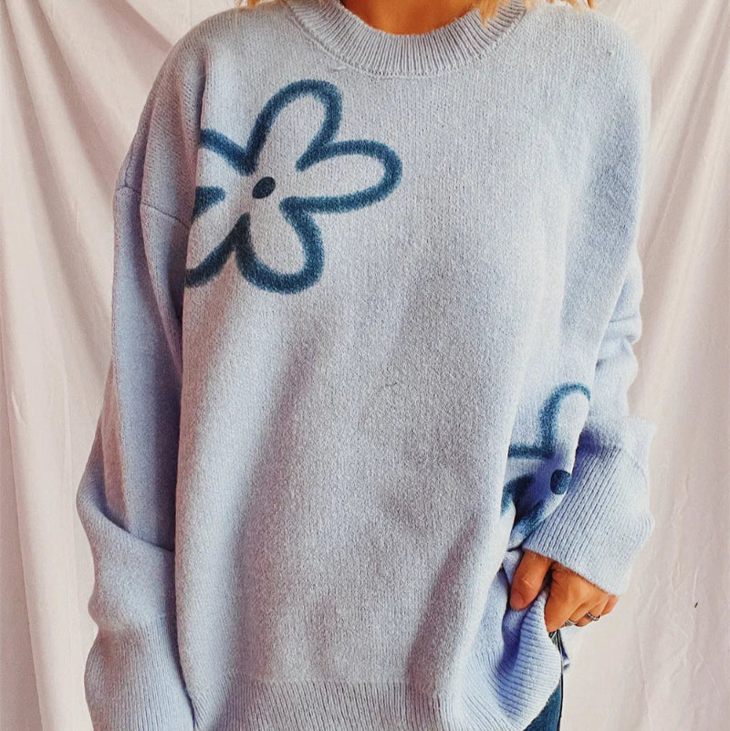 Flower Round Neck Long Sleeve Sweater - runwayfashioniista.com